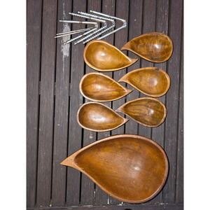 Vintage Wood Tear Drop Shaped Bowls Nut Cracker Set Serving‎ Dishes, 7 Pieces
